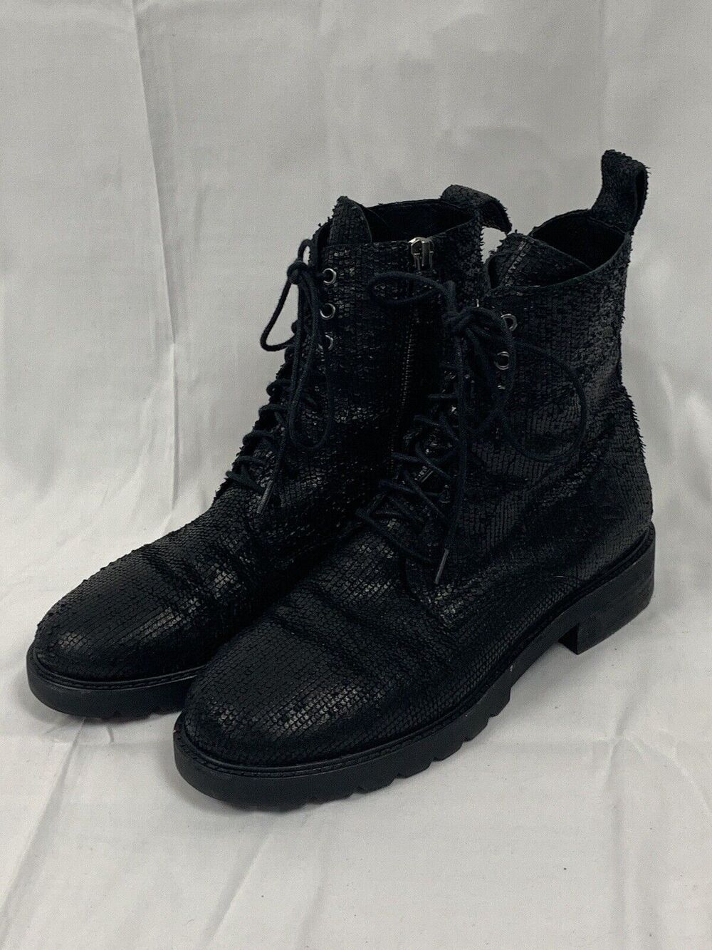 Eileen Fisher Ripley Intaglio Leather Lace-Up Combat Bootie Size 7 Black Edgy